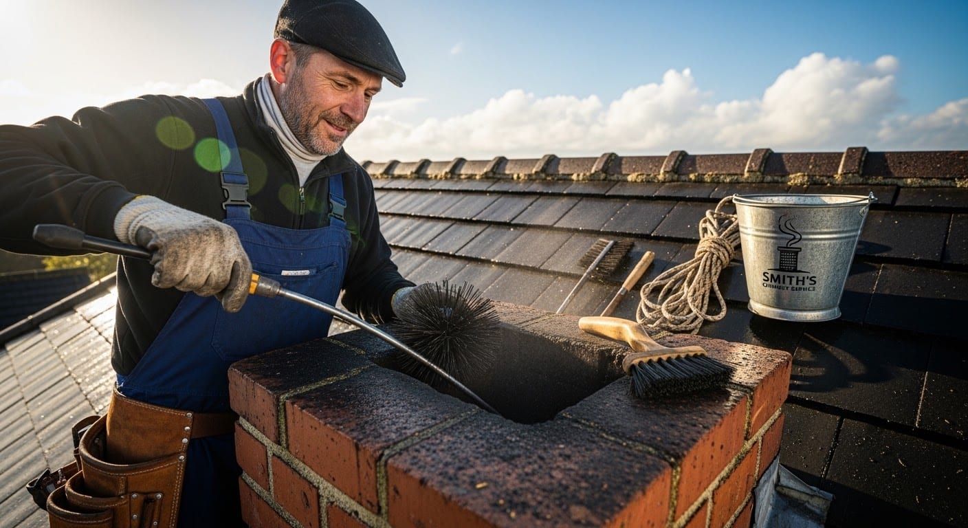 A sweep feeding a brush into a flue from the ridge of a tiled roof