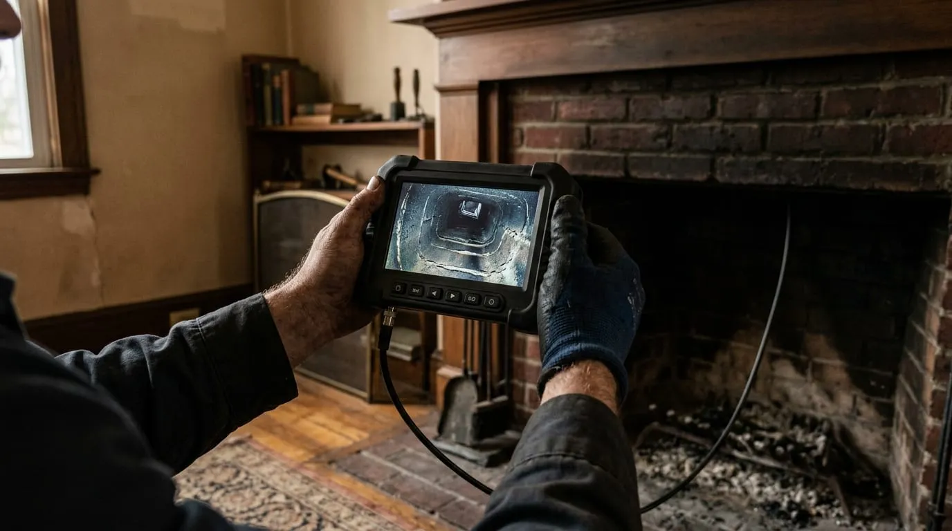 An inspection camera monitor showing the interior of a tiled flue during a Level 2