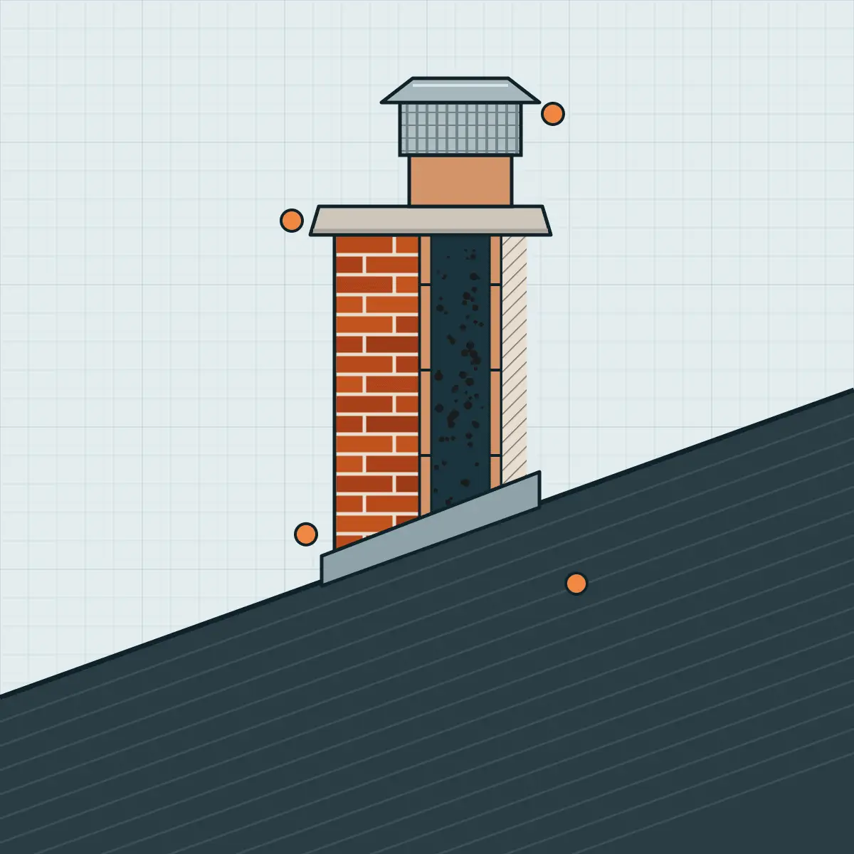 Dibujo de una chimenea de ladrillo que atraviesa el techo, con sombrerete, remate, teja de conducto y tapajuntas, abierta de un lado para mostrar el conducto con hollín.