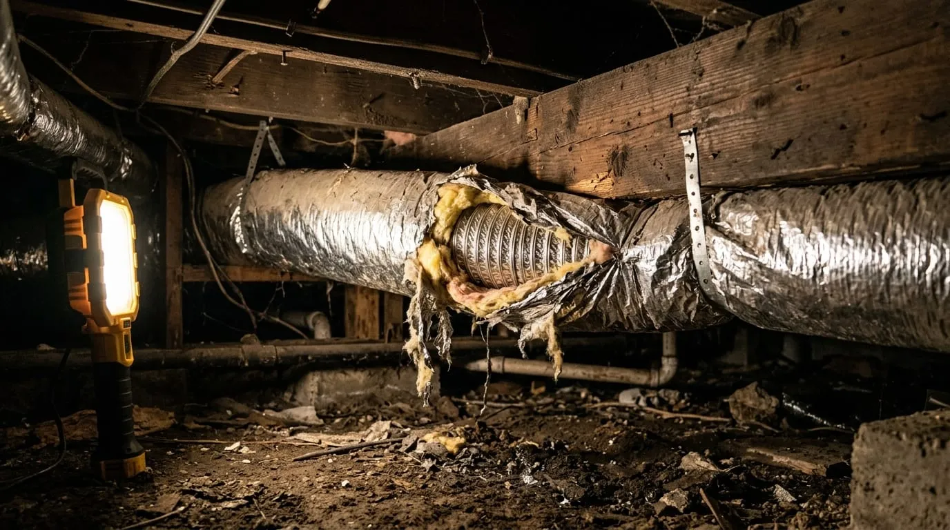 A flexible duct crushed almost flat where it crosses a timber joist in a crawlspace