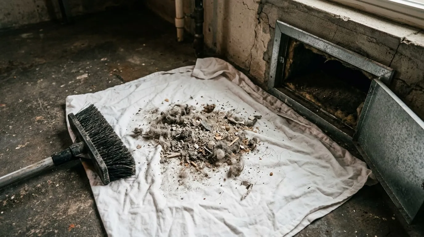 Lint and fine debris collected on a sheet beside a brush head