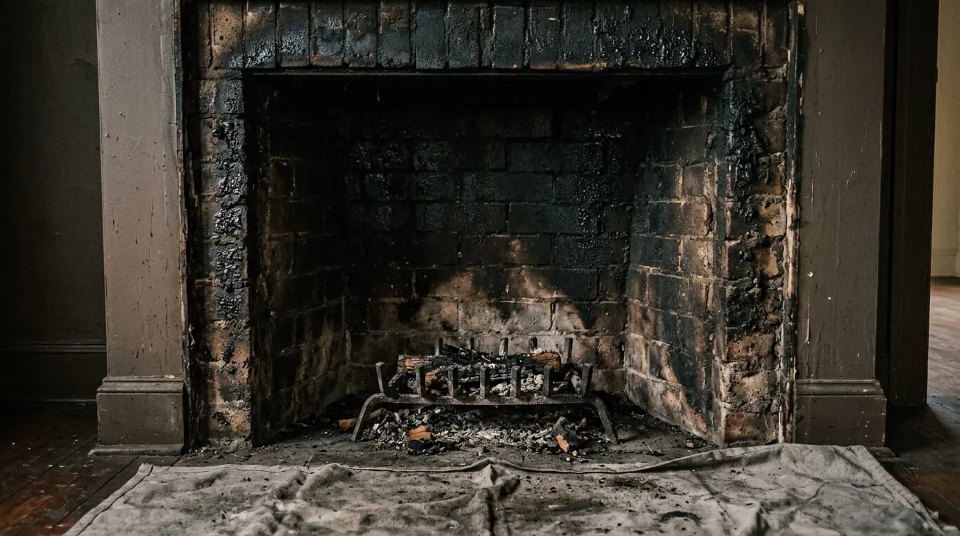 A firebox floor and back wall caked with soot and glossy creosote before sweeping