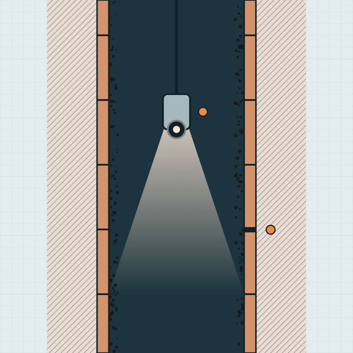 Dibujo de una cámara colgada de un cable dentro de un conducto revestido de arcilla, cuya luz muestra las uniones de las tejas y una unión abierta.