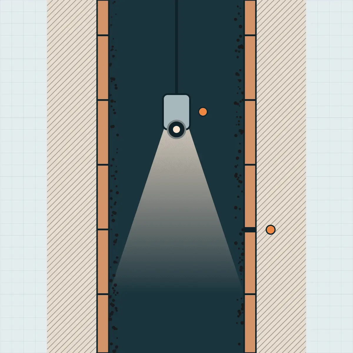 Dibujo de una cámara colgada de un cable dentro de un conducto revestido de arcilla, cuya luz muestra las uniones de las tejas y una unión abierta.