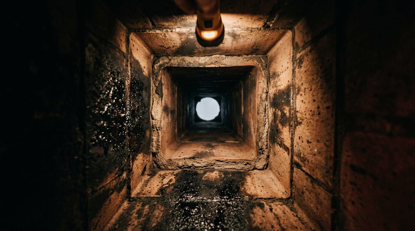 The inside of a clay-tiled flue seen from below with patchy glazed creosote on the walls