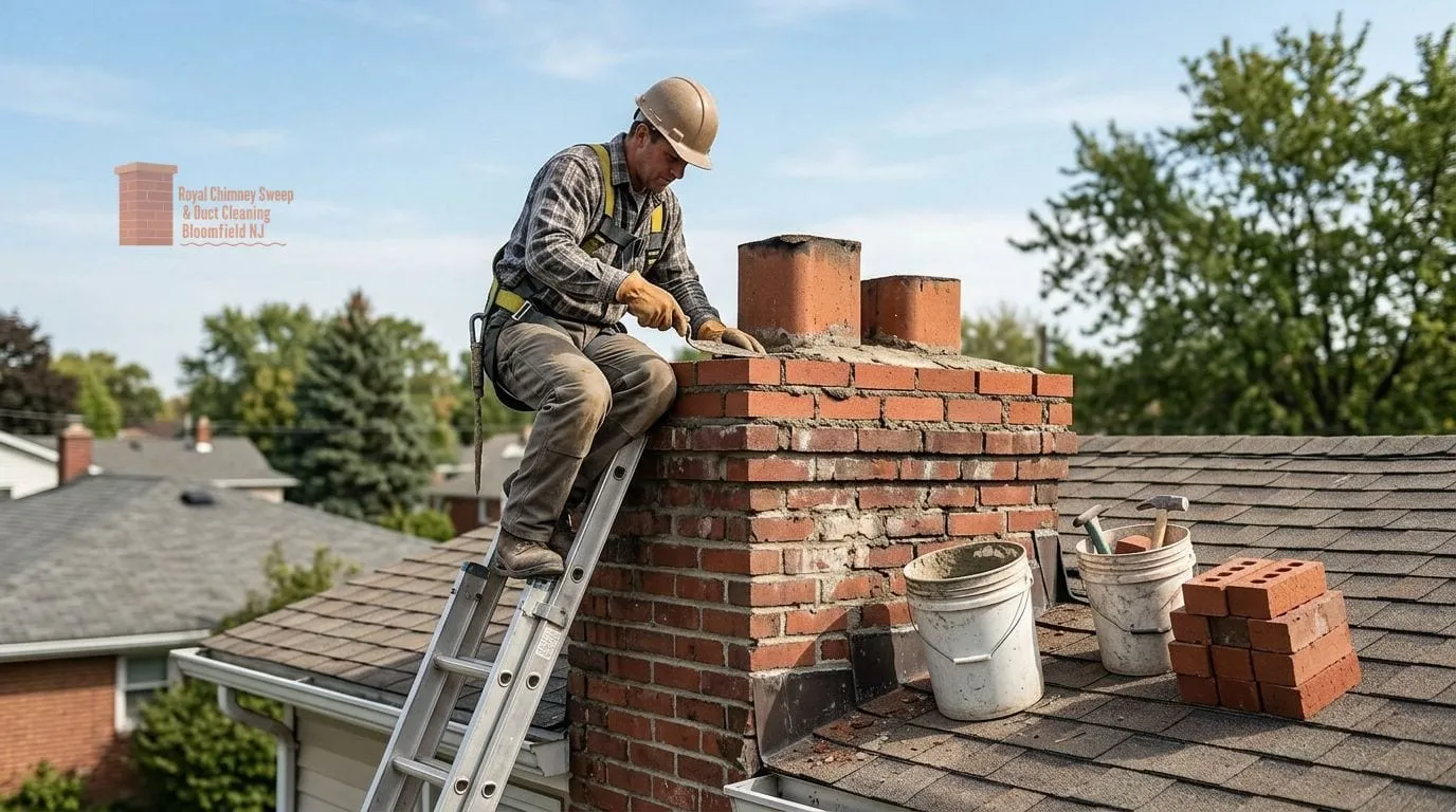 A technician clearing a flue with hose and brush with suburban rooftops behind