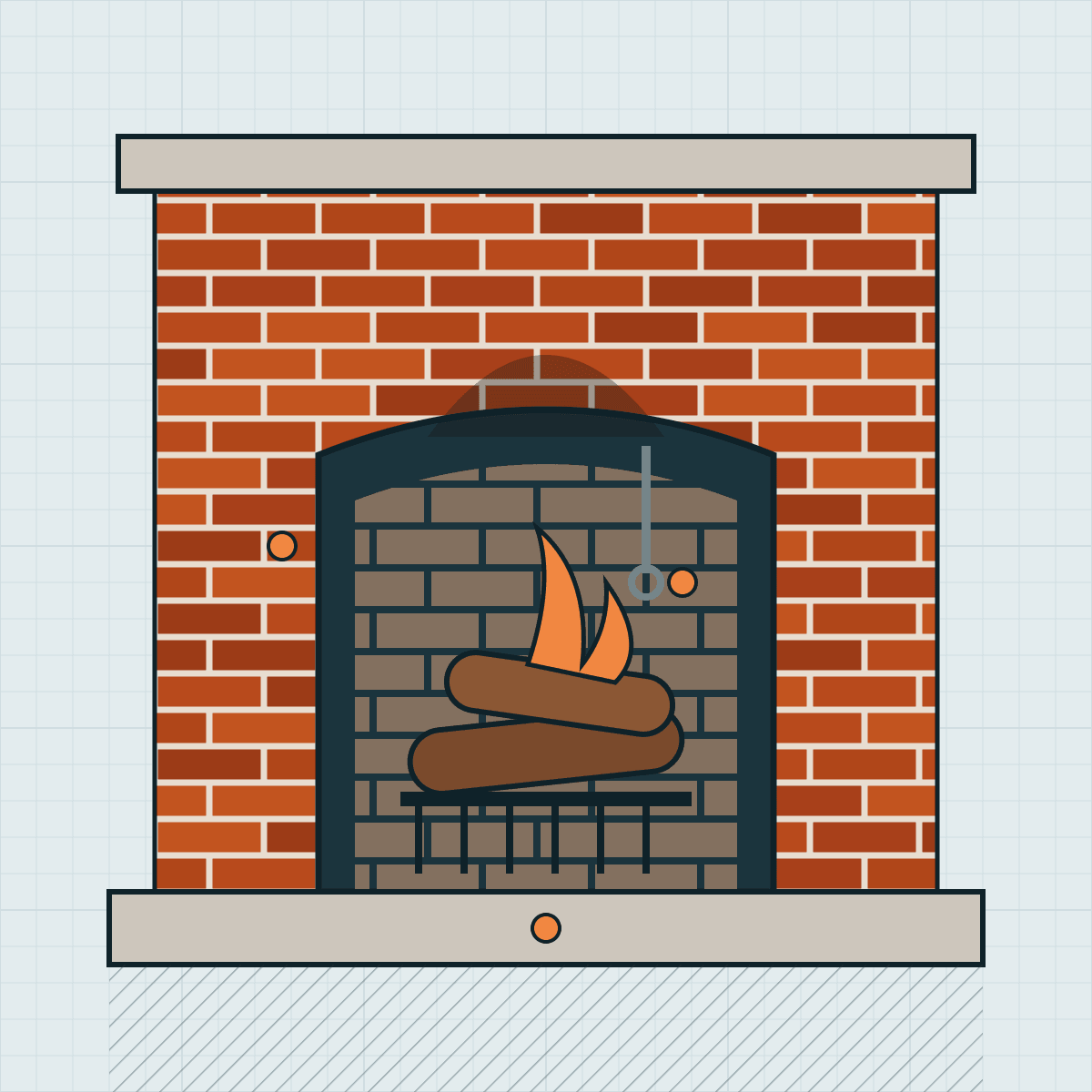 Dibujo de un hogar de ladrillo con fuego sobre la parrilla, la manija del regulador colgando en la garganta y una base de piedra.