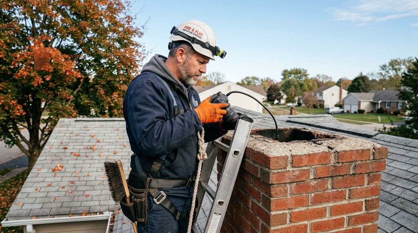 An open flue on a brick chimney with the camera cable fed in and an autumn street behind