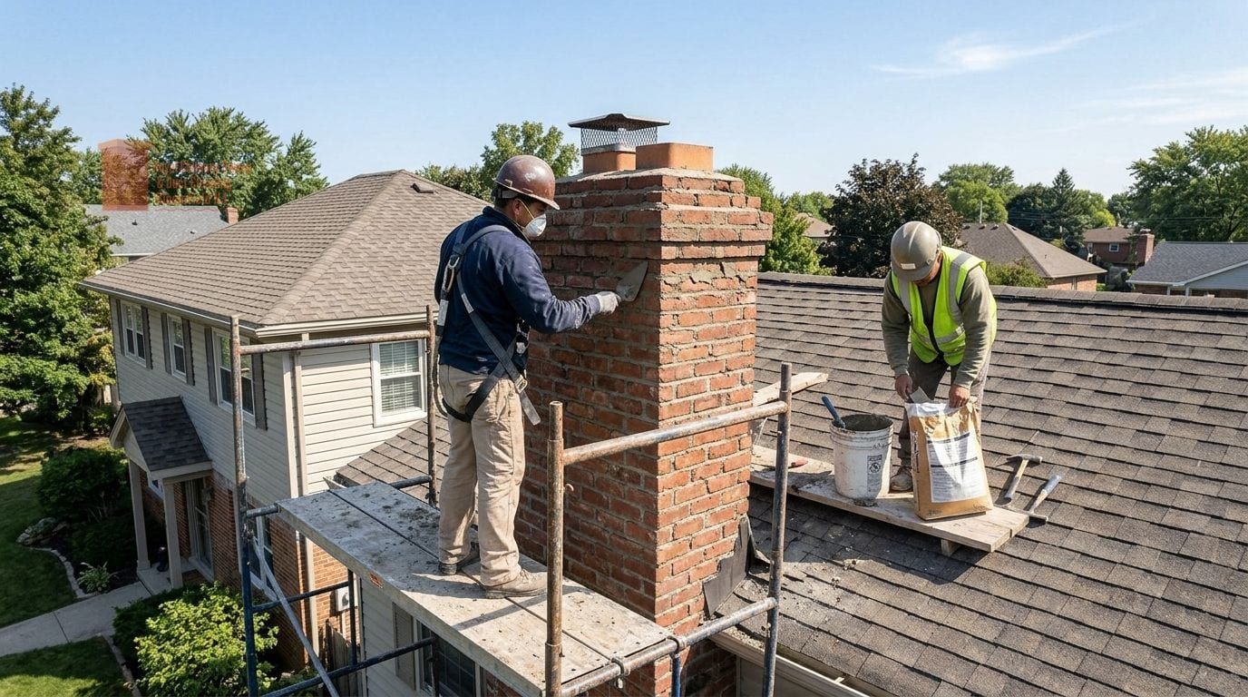 Two technicians on staging at a brick chimney breast mid-repair